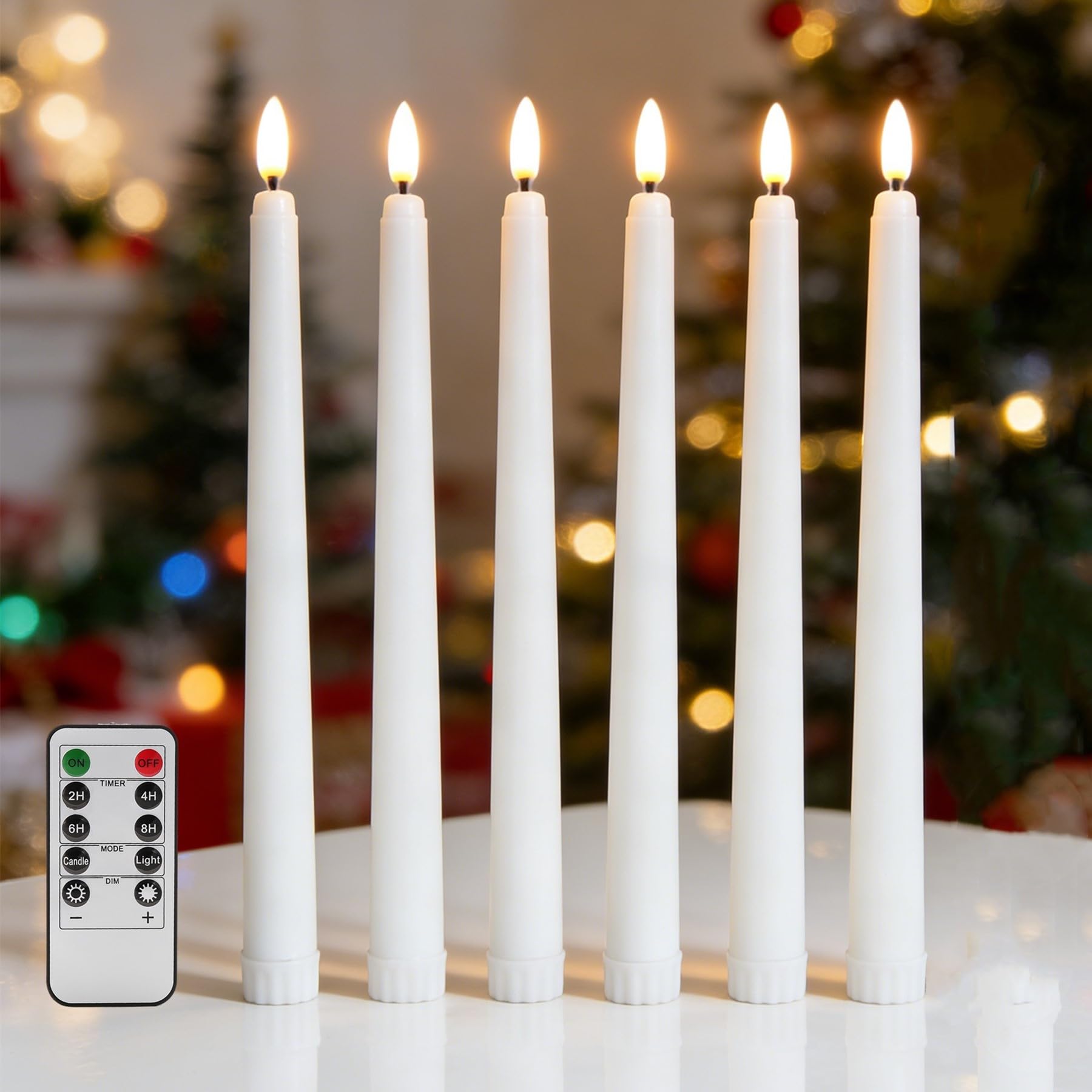 White Flameless Taper Candles with Remote, Flickering Christmas LED Candlesticks Battery Powered Set of 6