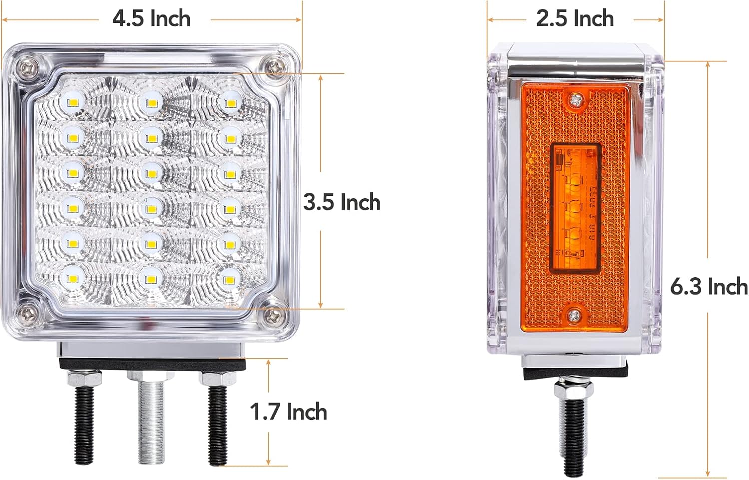 Pedestal Fender Light Double-Face Square Amber/Red 39 LED Clear Lens Stud Mount Stop Turn Tail Signal Trailer Light for Semi Truck Peterbilt Kenworth Freightliner Towing Dual-Face Waterproof 2 Pack