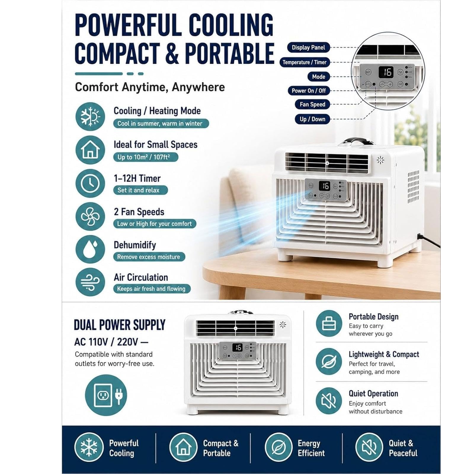 3400 BTU Frío Y Calor Aire Acondicionado Portatil Silencioso Para Coche
