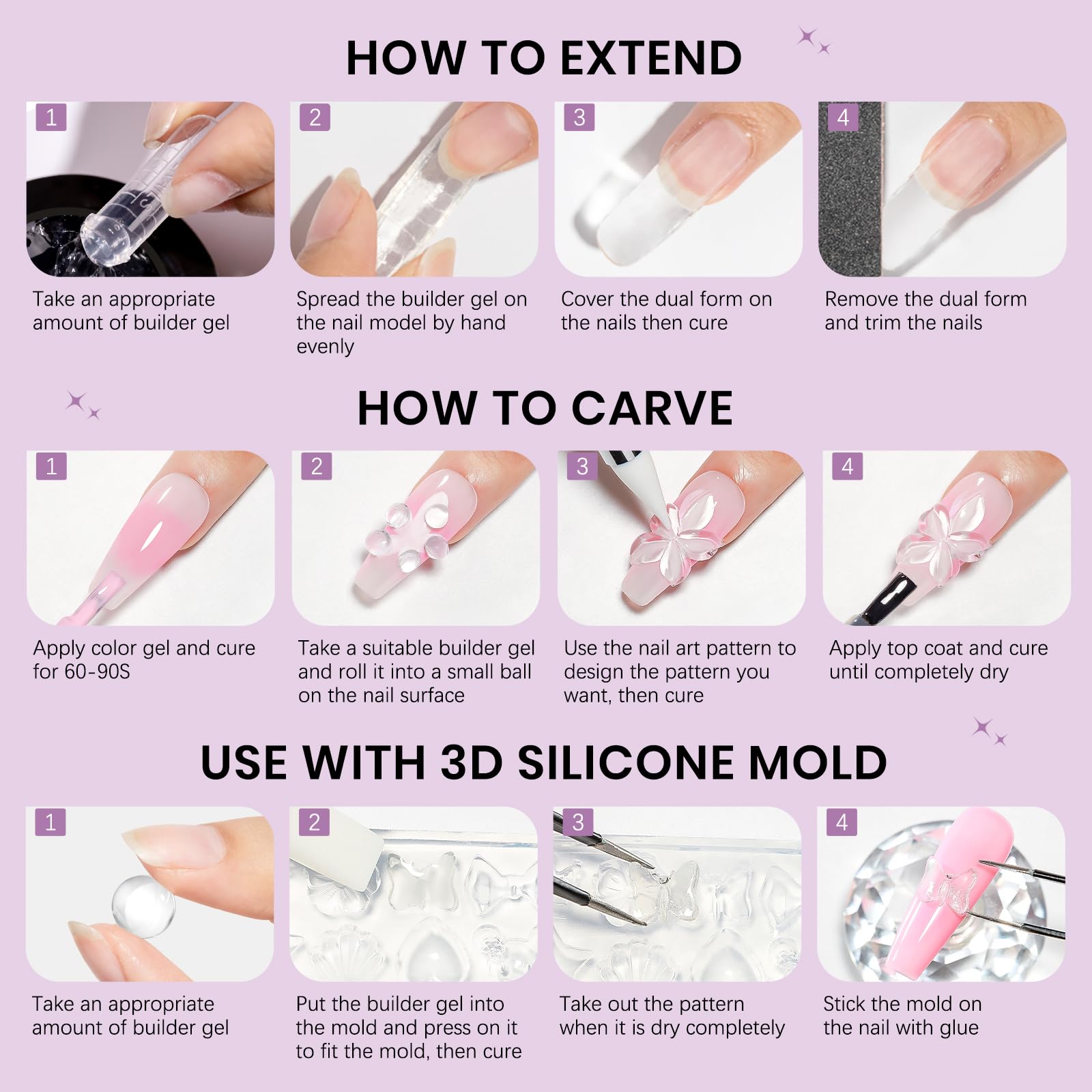 SUPWEE Solid Builder żel przezroczysty biały, nieprzywierający żel 3D Nail Extension 5 g | Żel 3D Nail Art z silikonowym pisakiem i kształtem do paznokci, tłoczenie wzorów do manicure domowego DIY