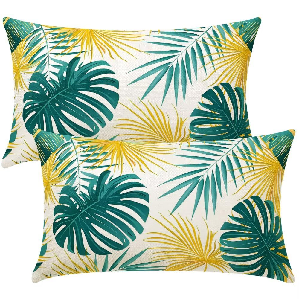 Cushion Covers 40cm x 60cm Monstera Leaf Cushion Cover 16 x 24 Inches Pack of 2 Throw Pillow Covers Summer Plants Sofa Cushions Polyester Linen Pillowcases for Living Room Bedroom Home Decor -SC529