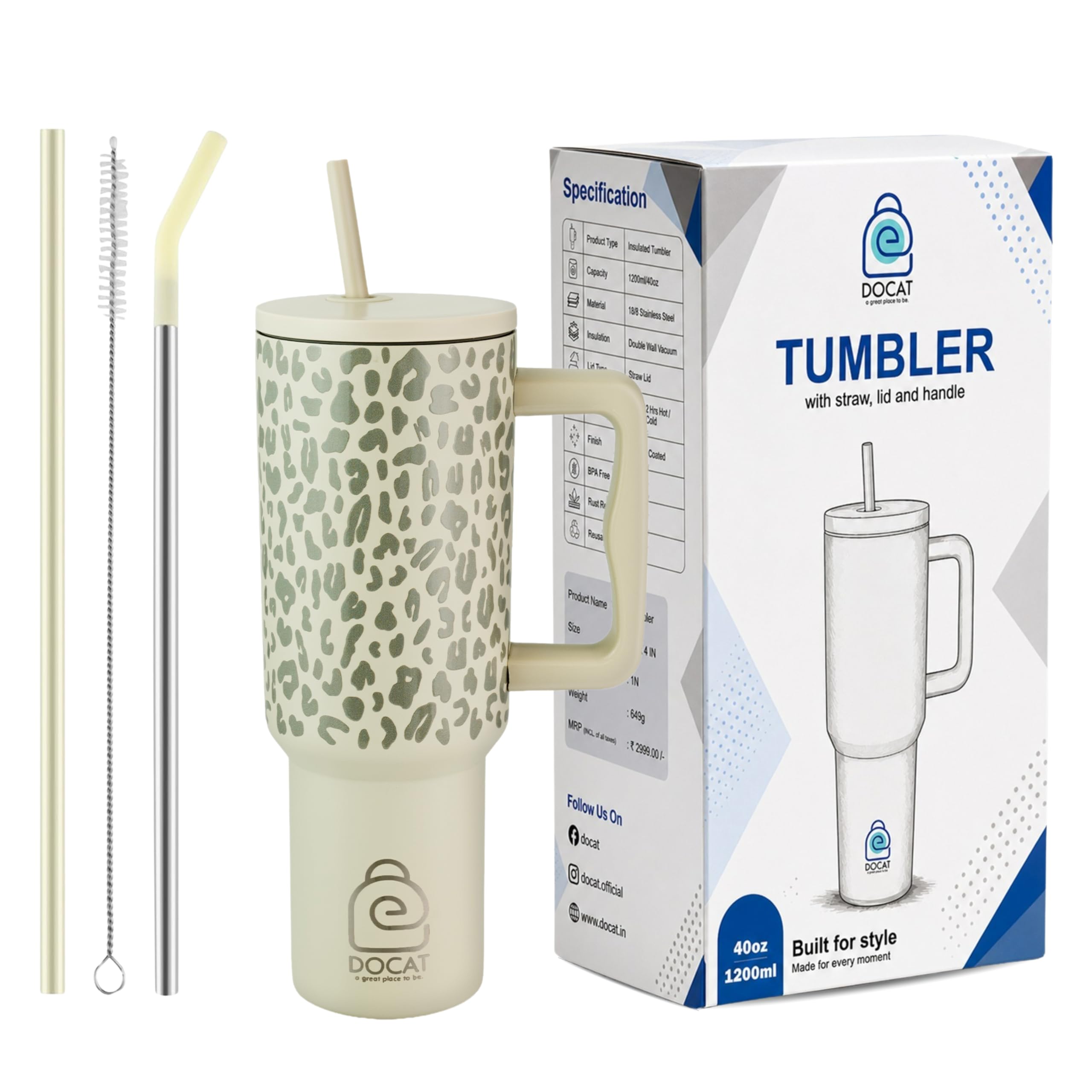 DOCAT 1200ML Stainless Steel Tumbler with Lid and Straw, Hot and Cold Double Insulated Sipper Mug, 100% Leak Proof Coffee Tumbler Cupholder for Office, Gym, Travelling (Beige Leopard)