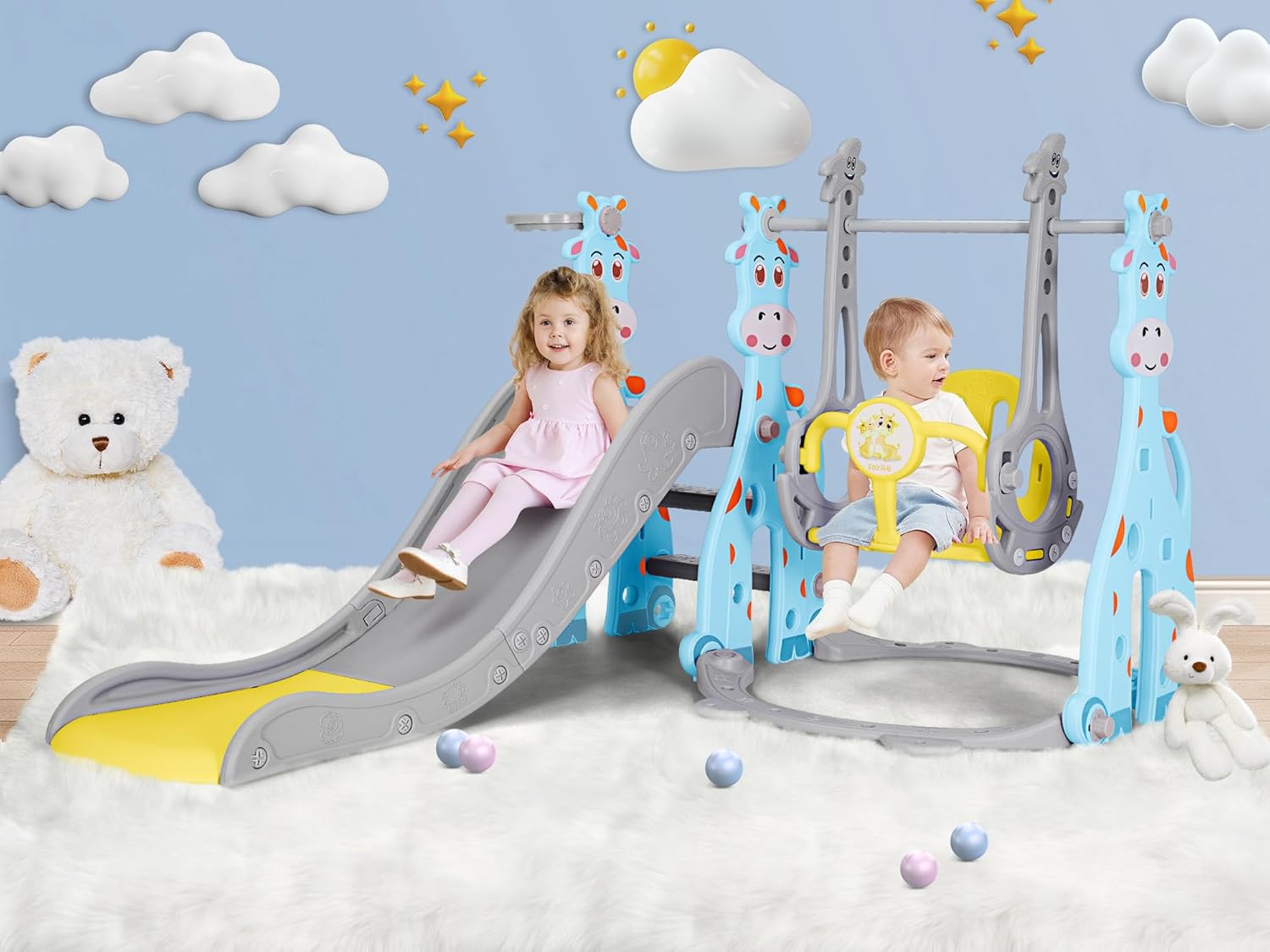 4 in 1 Toddler Slide and Swing Set, Kid Slide for Age 18-36 Months Indoor Outdoor Baby Slide Playset with Basketball Hoop, Ball, Climber and Swing, Toddler Slide Plastic Slide(Lake Green)