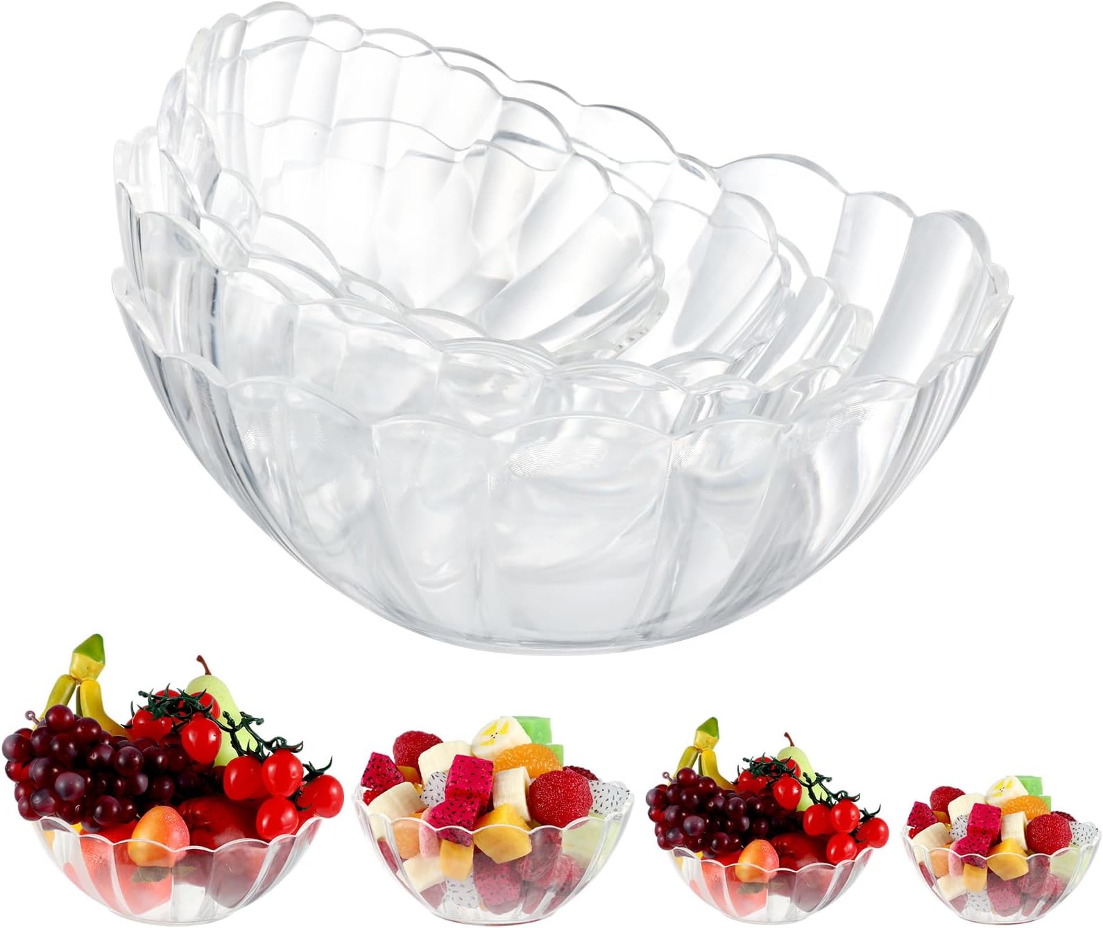4 Pcs Clear Plastic Serving Bowls 20 oz / 34 oz / 51 oz / 74 oz Acrylic Salad Mixing Bowls Reusable Chip Bowls Candy Food Container for Kitchen Dessert Snack Fruit Popcorn Parties Decorative