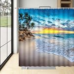 Beach Ocean Shower Curtain Tropical Summer Hawaiian Sunrise Landscape Palm Tree Sea Blue Sky Coastal Seaside Sunset Scenic Nature Polyester Fabric Bathroom Curtain Sets Hook 70 x 70 Inch