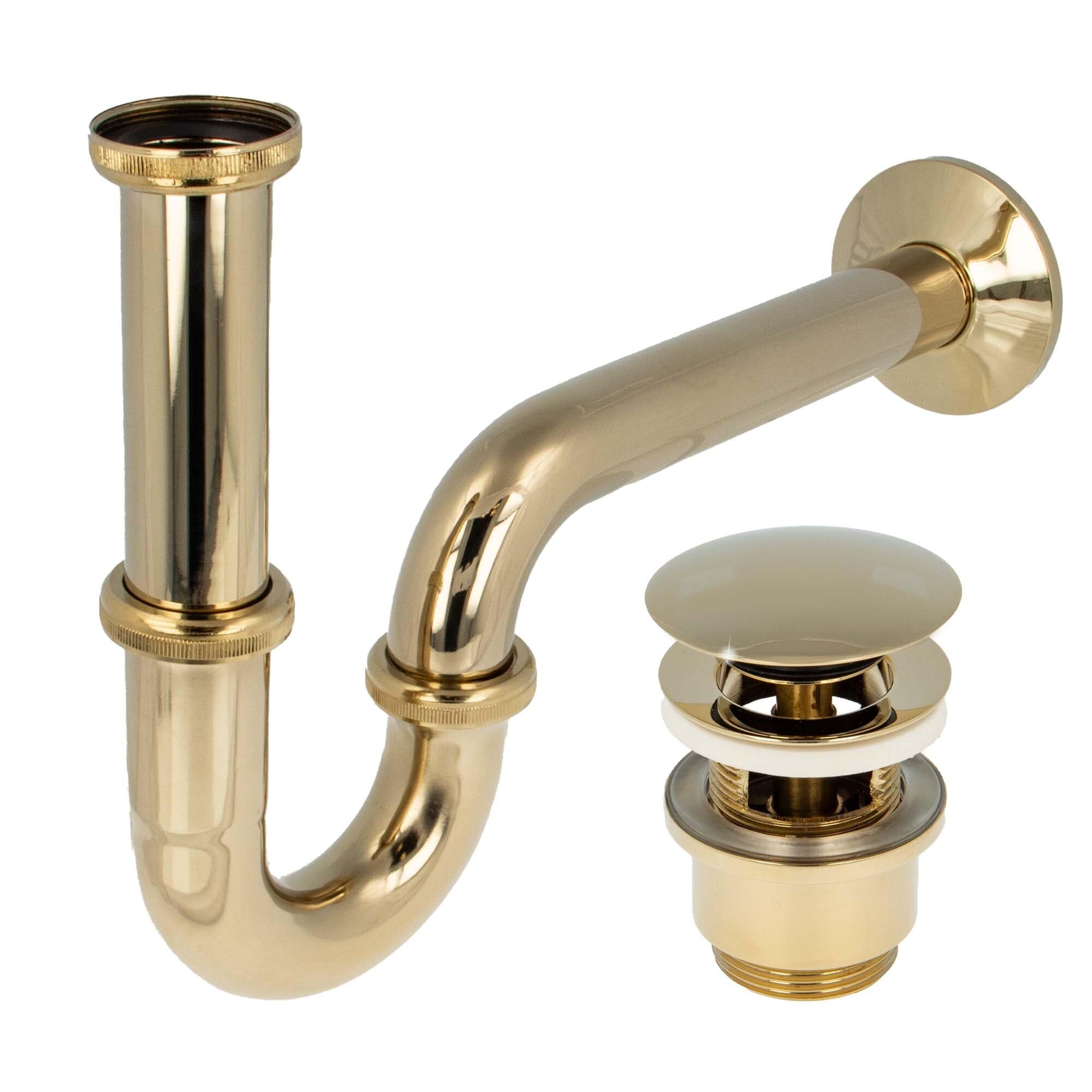 tecuro Siphon extra lang mit Pop Up Ablaufventil vergoldet - Universal Set für Waschtisch/Waschbecken