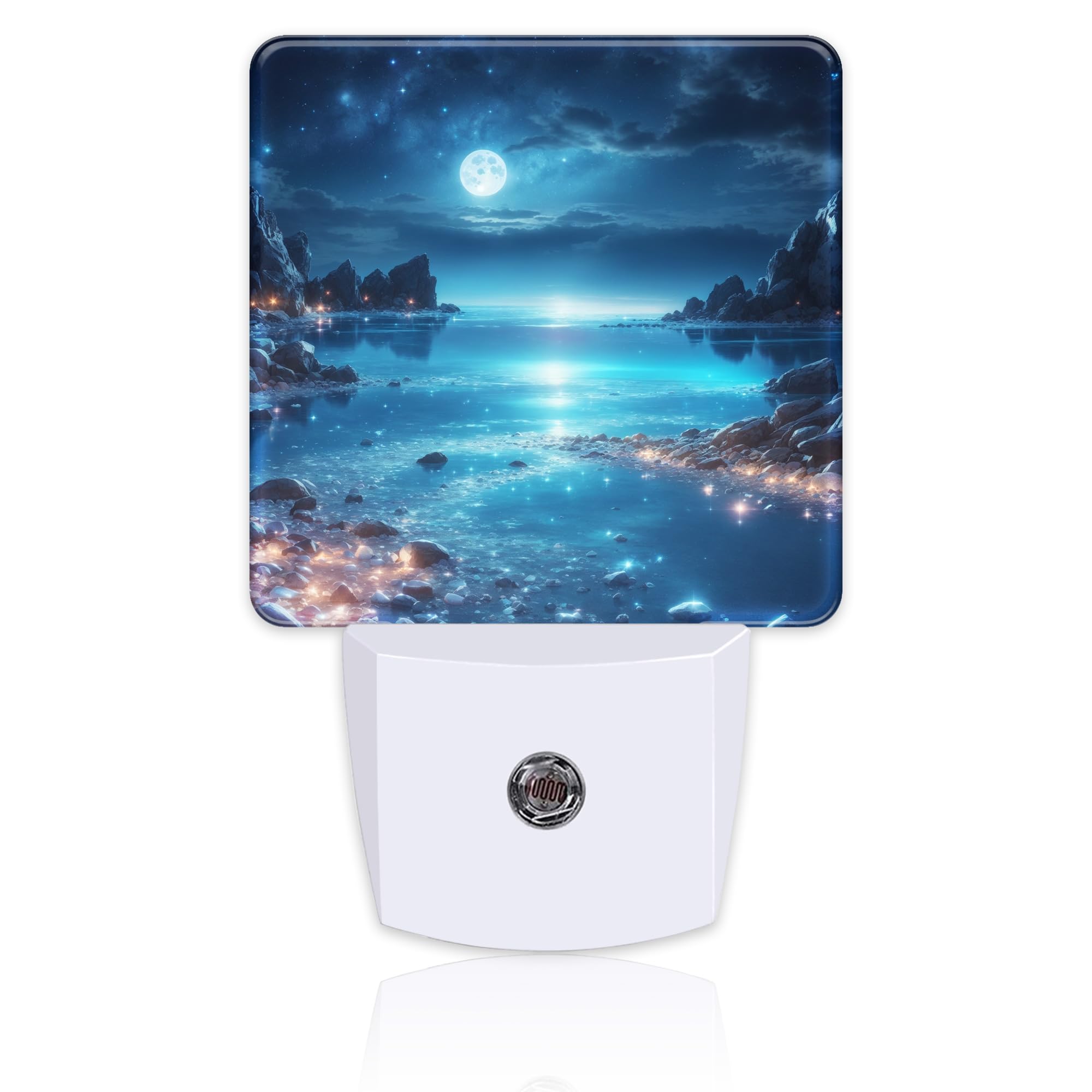 Full Moon and Sparkling Lake Night Light Plug into Wall, Magical Beach Dusk to Dawn Night Light, 0.5w Energy Saving Sleep Friendly Nightlights for