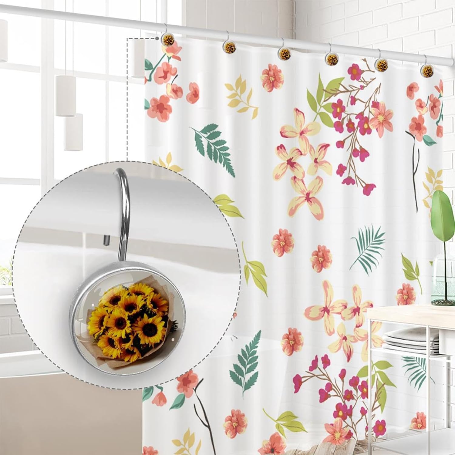 12pcs Yellow Sunflower Bouquets (1) Shower Curtain Hooks, Shower Curtain Hanger Rings Roller, Stainless Steel Round Shower Rings Hangers for Bathroom