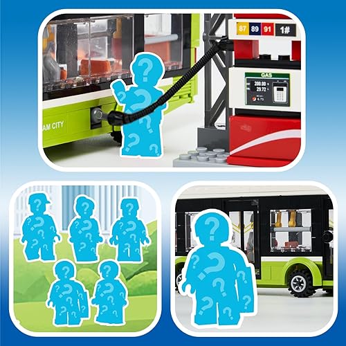 Miniatura 4 de JSINMA Juego de juguetes de construcción de estación de autobuses urbanos con 6 minifiguras y autobús urbano y gasolineraauto de juguete para niños