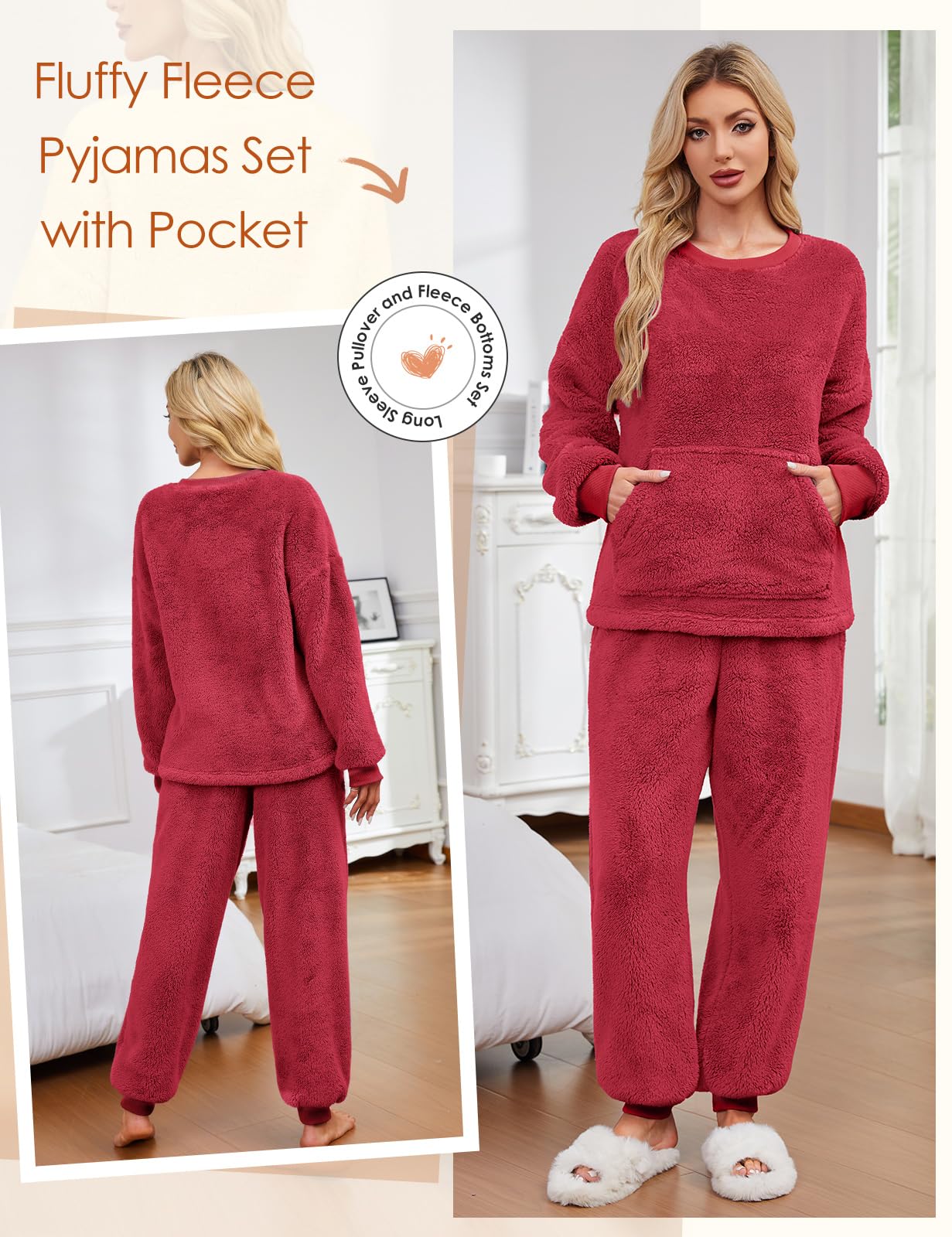 Niwicee Schlafanzug Damen Lang Winter Thermo Pyjama Set Fleece Hausanzug Kuschelig Warmer Flanell Pyjama Nachtwäsche Zweiteiler Flauschig Lounge Anzug mit Sweatshirt und Hose Polar PjS
