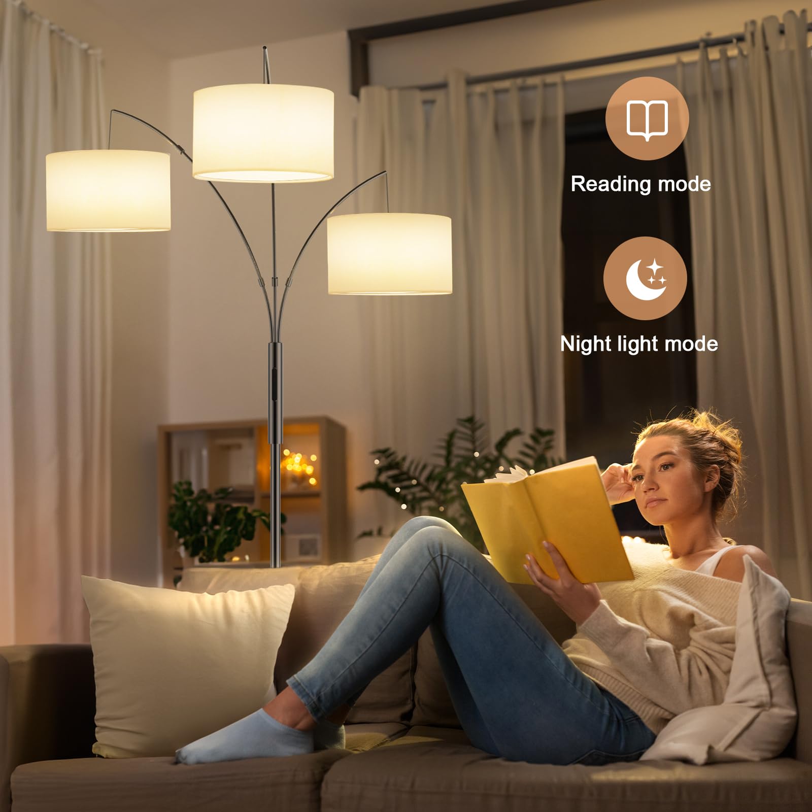 SIBRILLE 36W Bogenlampe Stehlampe mit Weiß Stoffschirm, 3000LM Superhelle Stehlampe mit Fernbedienung & Touch, LED Stehlampe Dimmbar, 187cm Stehleuchte für Wohnzimmer Schlafzimmer Büro