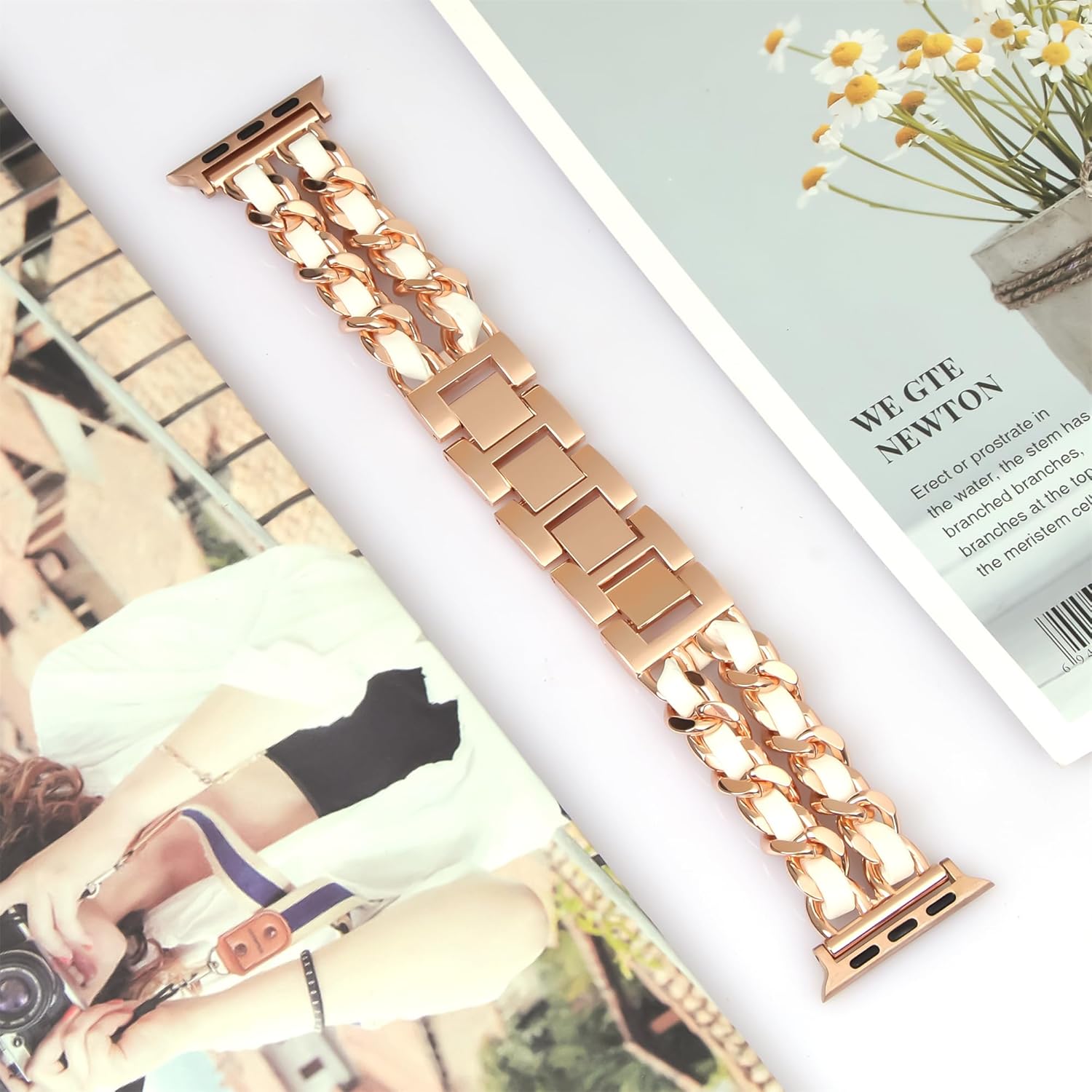 Compatible With Apple Watch Band for Woman 38mm 40mm 41mm, Metal Strap Leather Over Gold Chain Cowboy Style Replacement iWatch Series 9 8 7 6 5 4 3 2 1 SE (Rose Gold Link with White Leather) - Image 7