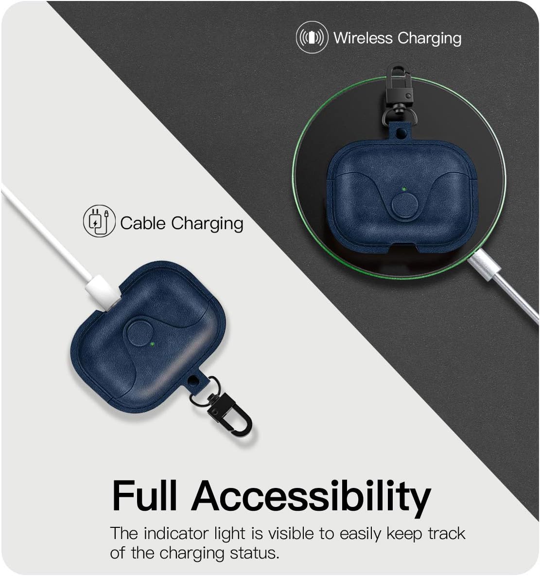 MoKo Case Fit AirPods Pro 2019, [Visible Front LED] PU Leather Vintage Style Snap Closure Protective Cover Carrying Pouch Pocket with Keychain for Apple Airpods Pro Wireless Charging Box - Dark Blue