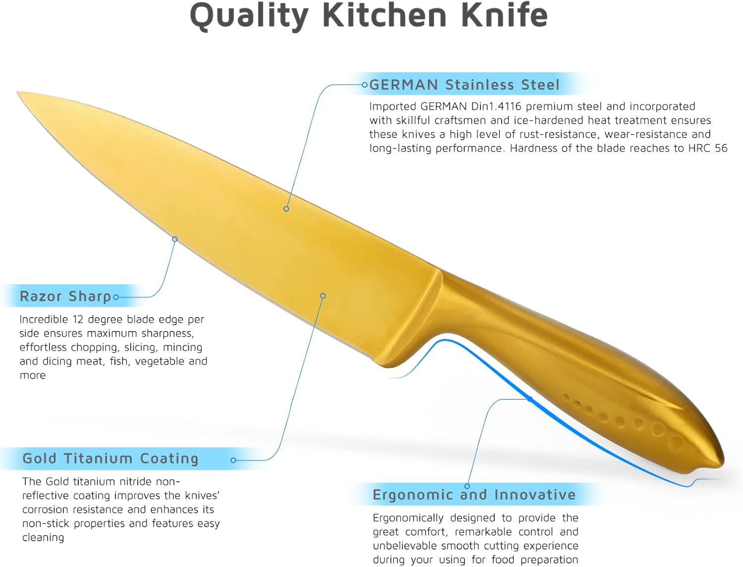 Golden Kitchen Knife Set 5 Piece WELLSTAR, Razor Sharp German Stainless Steel Blade and Ergonomic Handle with Gold Titanium Coated, Chef Carving Bread Utility Paring for Cutting and Peeling - Gift Box