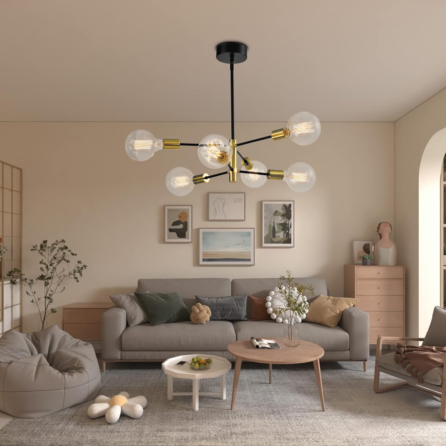 Maxax Modern Sputnik Chandelier, 6-Light Industrial Pendant Light Fixture, Black Vintage Mid-Century Chandelier for Dining Room, Bedroom, Living Room, Kitchen
