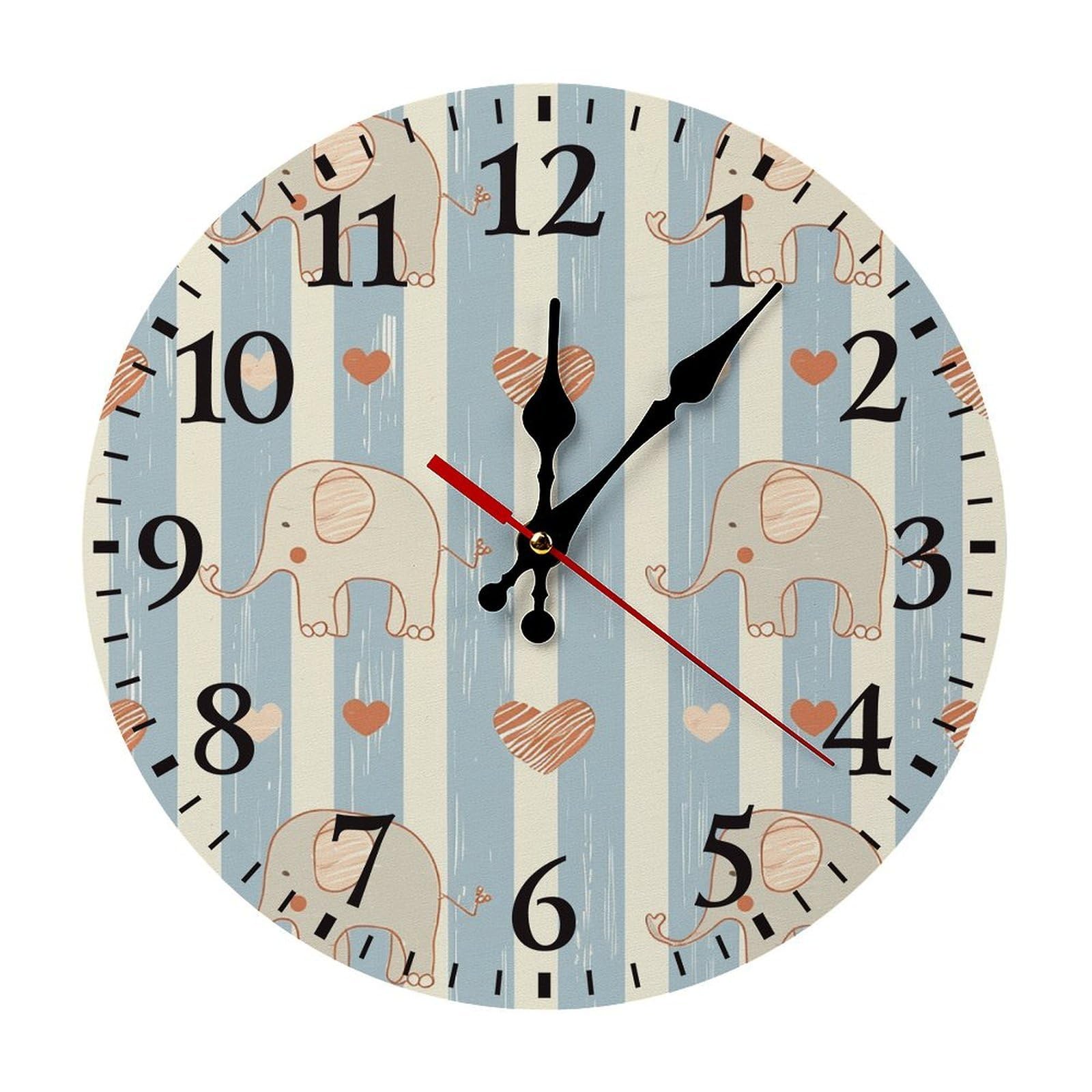 NTVOWPZO 10 Inch Wall Clock Stripes and Elephants Battery Operated Wall Clocks Silent Non-Ticking Round Wall Clock for Living Room Kitchen Home Office Wall Decorative Clock