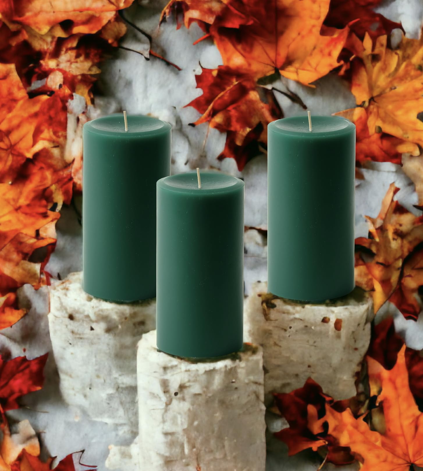 3" x 6" Hunter Green Pillar Candles (Set of 3) Unscented, Solid Color, Hand Crafted Weddings