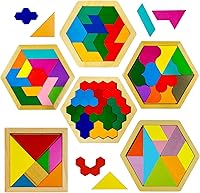 Vista 1 de 6 piezas de rompecabezas de tangram de madera para niños, bloques de rompecabezas de madera hexagonal para niños pequeños, rompecabezas geométrico