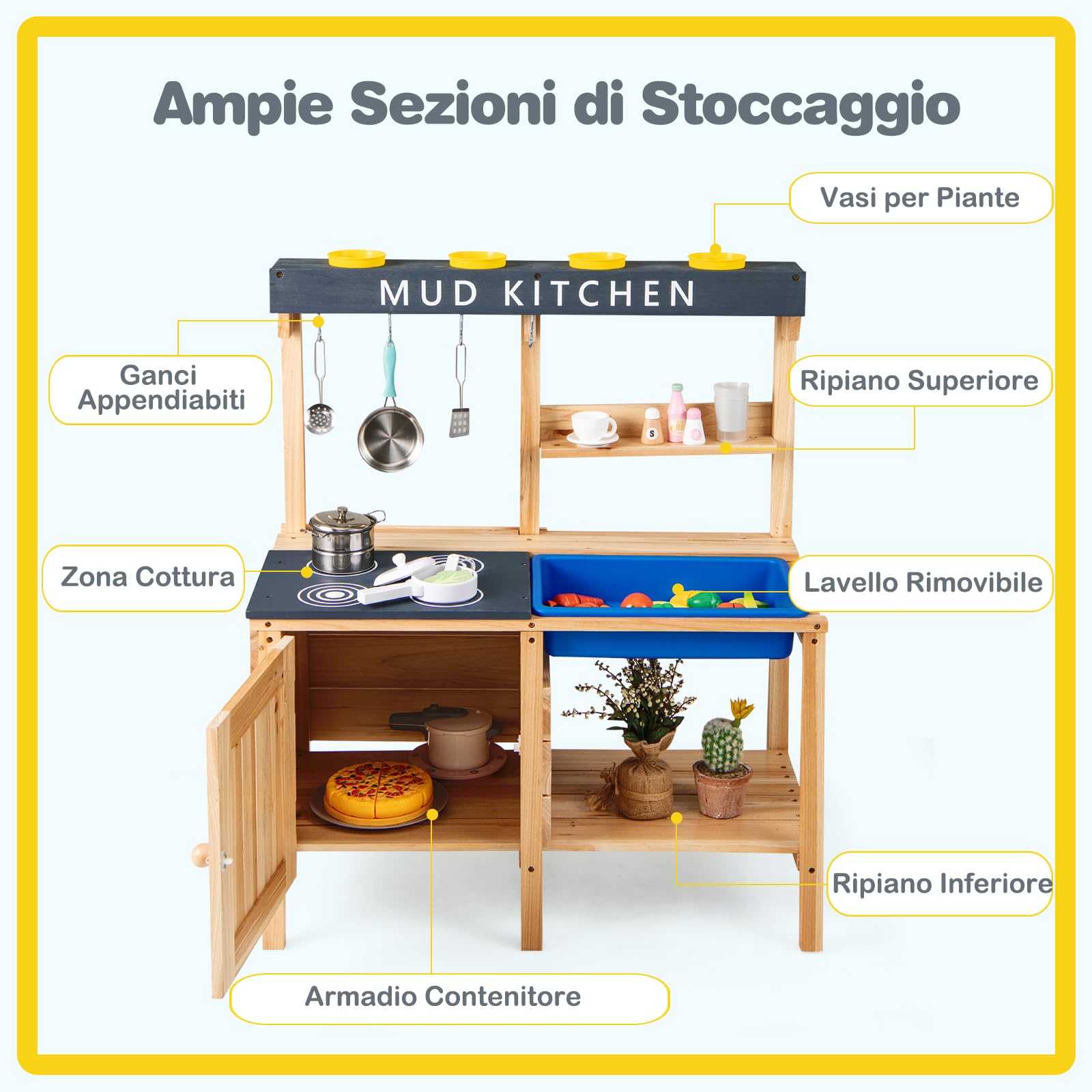 COSTWAY Cucina Giocattolo per Bambini, Cucina in Legno da Esterno con Lavello Removibile, Fornello, Pentole e Ripiani, Cucinetta Giocattolo Interattiva con Accessori per Bambini 3-8 Anni, Naturale