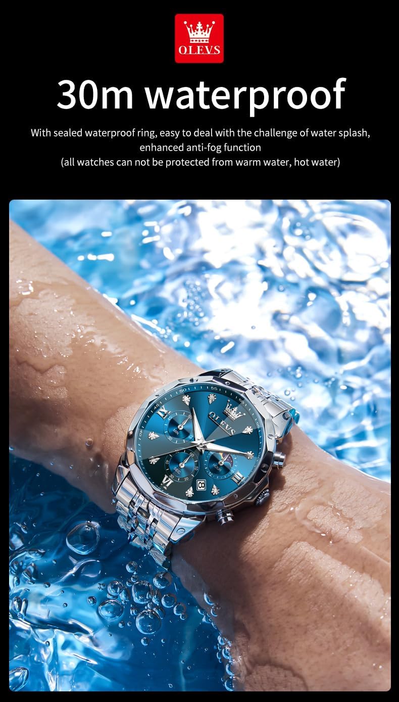 OLEVS Watches for Men Luxury Diamond Casual Large Dial Watches Stainless Steel Waterproof Business Dress Analog Luminous Date Mens Watches - Image 3