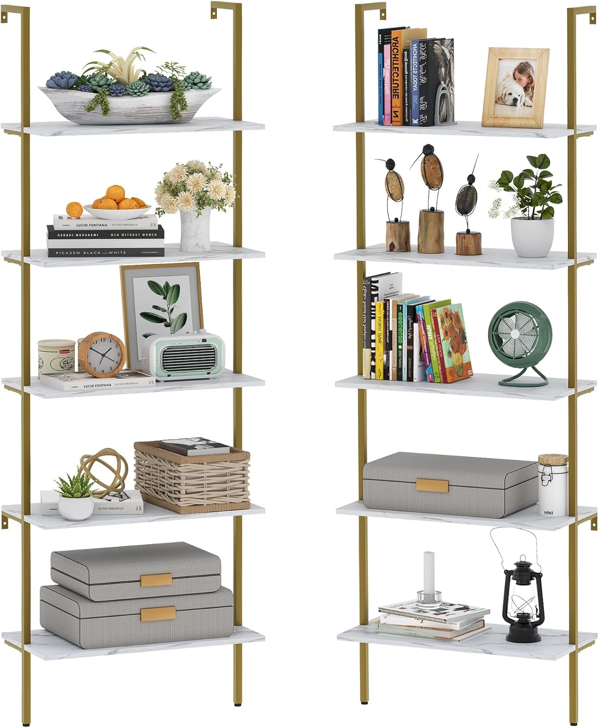 Wolawu Ladder Shelf 5 Tiers Wall Mounted Bookshelf 2-Piece White Marble Modern Bookshelf Open Tall Storage Bookcase Standing Leaning Wall Shelves Industrial Decorative for Home Office Living Room