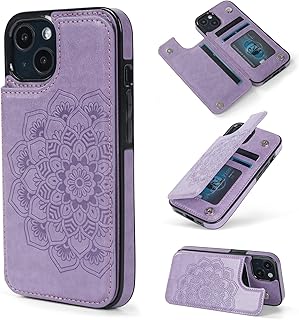 JAROIE Wallet Case for iPhone 13 with 3 Card Slots Embossed Mandala Pattern Flowers Magnetic Buttons Flip Faux Leather Cover Shockproof 2021 6.1 Inch (Purple)
