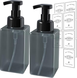Foaming Soap Dispenser, 2 Pack Refillable Foam Soap Dispenser (Dark Grey) with 10 Pcs Waterproof Labels, Plastic Hand Soap Dispenser Pump Bottle Container (15oz, 2 Pack, Transparent Black)