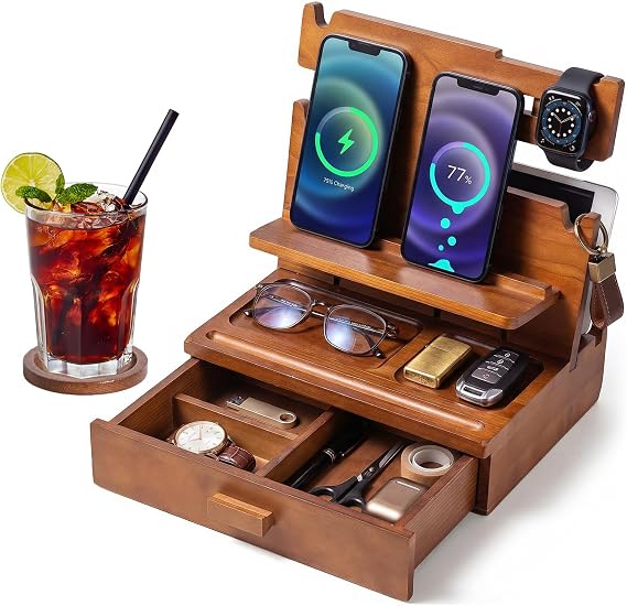 Wooden Desk & Bedside Table Organiser with Men's Bedroom Accessories Drawer - All-in-One Stand for Keys, Wallet, Watch | Birthday, Father's Day, Valentine‘s Day Gifts for Men, Him, Dad, Husband