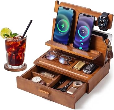 Wooden Desk & Bedside Table Organiser with Men's Bedroom Accessories Drawer - All-in-One Stand for Keys, Wallet, Watch | Birthday, Father's Day, Valentine s Day Gifts for Men, Him, Dad, Husband