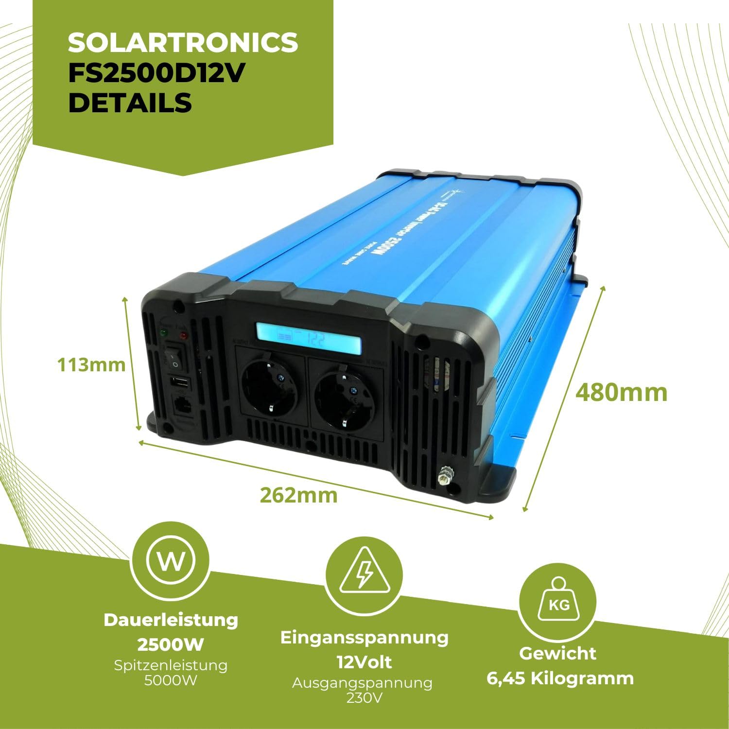 SOLARTRONICS FS2500 12V przetwornica napięcia 12 V 230 V czysty Sinus 2500 W - 5000 W Moc szczytowa - Przetwornik prądu 12V na 230 V z gniazdem Schuko i pilotem zdalnego sterowania USB