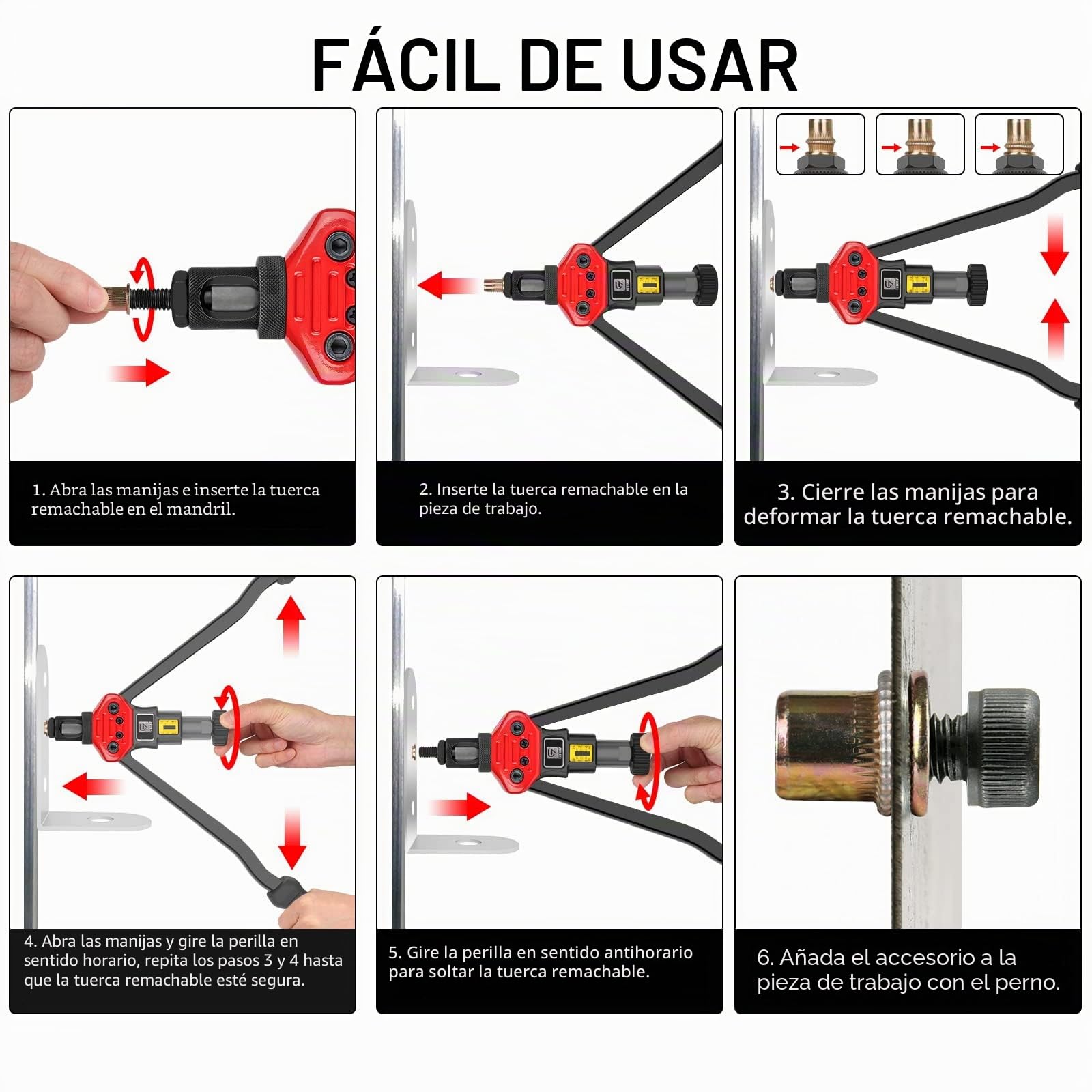 GIANTISAN - Remachadora Manual a 2 Manos, 41 cm, 12 Mandriles métricos y SAE, Kit Surtido de Tuercas de Remache de 176 Piezas y Funda de Transporte Resistente