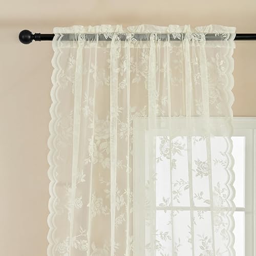 Miniatura 3 de Cortinas traslúcidas de encaje marfil, 2 paneles de cortinas con flores victorianas y bolsillo para cortinero, cortinas de ventana estilo shabby