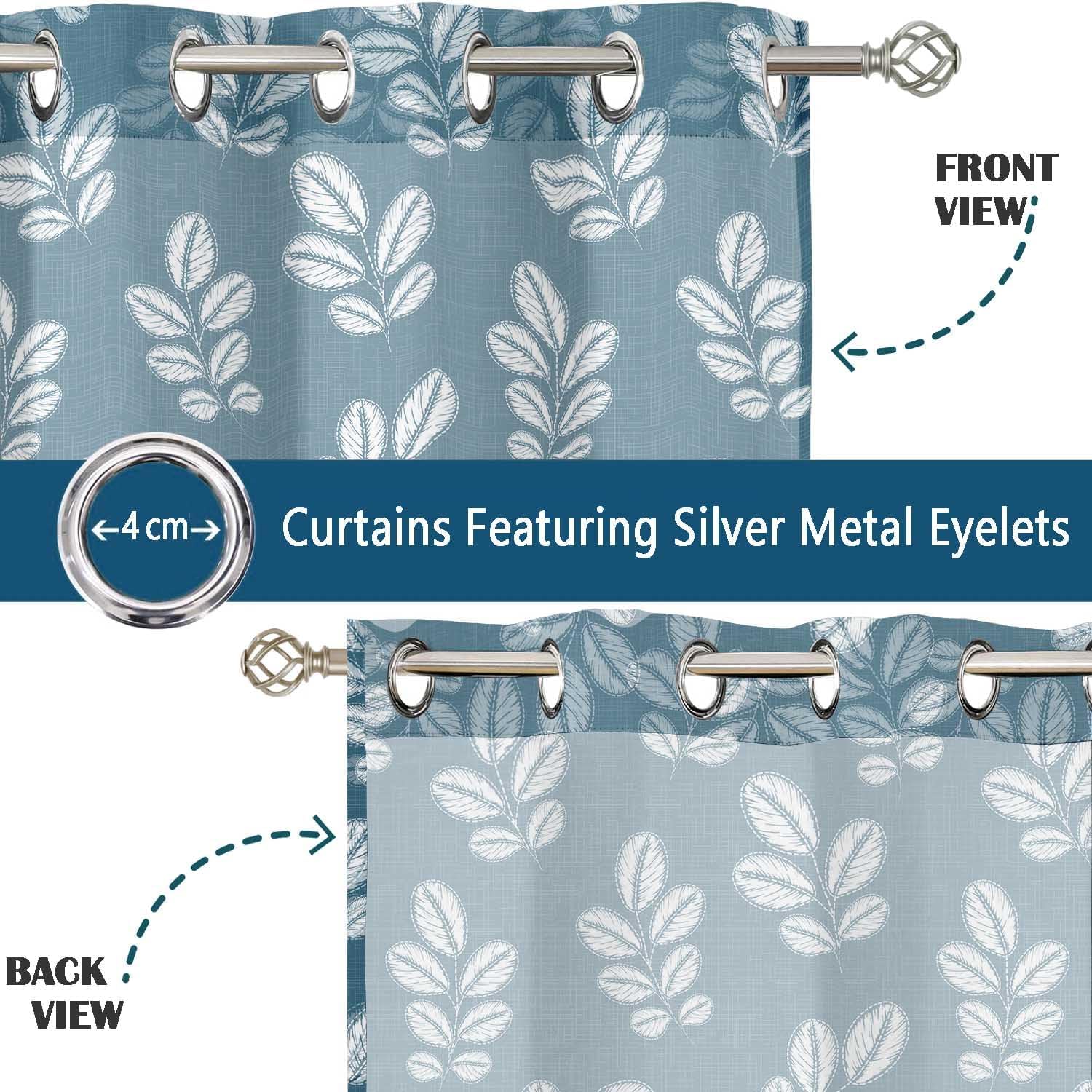 Blue Foliage Pattern Sheer Curtains for Short Windows - Set of 2 Panels, 63", Grommet Top, Printed Georgette, Light Filtering Drapes for Kitchen or Bedroom