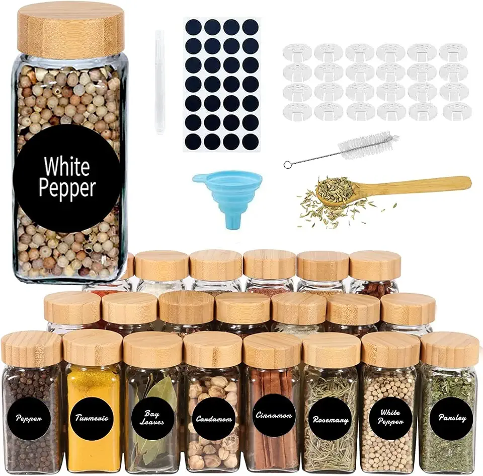 EOGILY 24 Glass Spice Jars with Labels, 4oz Empty Square Spice Containers, Glass Spice Jars with Bamboo Lids,Glass Food Storage Containers Jars,Labels Stickers,Silicone Collapsible Funnel,Brush,Spoon