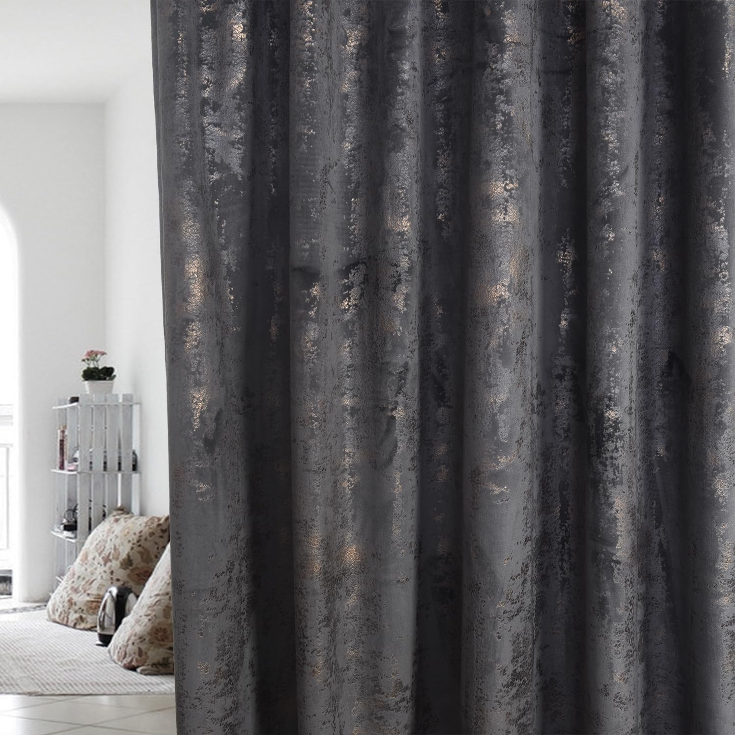 Roslynwood Luxury Gold Foil Print Grey Velvet Curtains 84 inches Long Rod Pocket Thermal Insulated Blackout Window Drapes for Living Room/Bedroom/Dining Room, W52 x L84, 2 Pcs