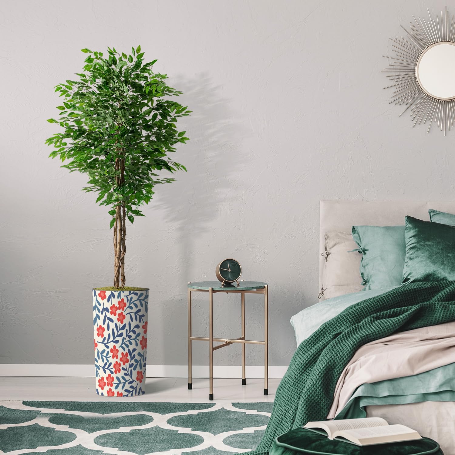 Artificial Tree in Contemporary Daisy Flower Pattern Planter, Fake Ficus Silk Tree for Indoor and Outdoor Home Decoration - 75" Overall Tall (Plant Pot Plus Tree)