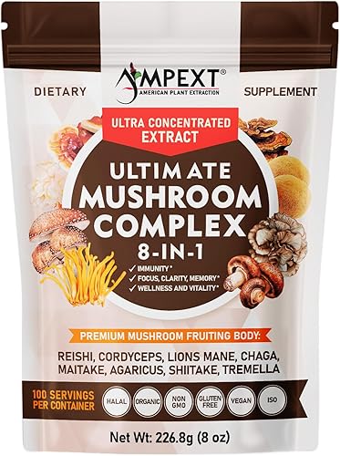 Complejo de hongos 8 en 1 una mezcla de extractos solubles en agua de 8 hongos potentes, formulado para apoyar la inmunidad, mejorar la claridad, la