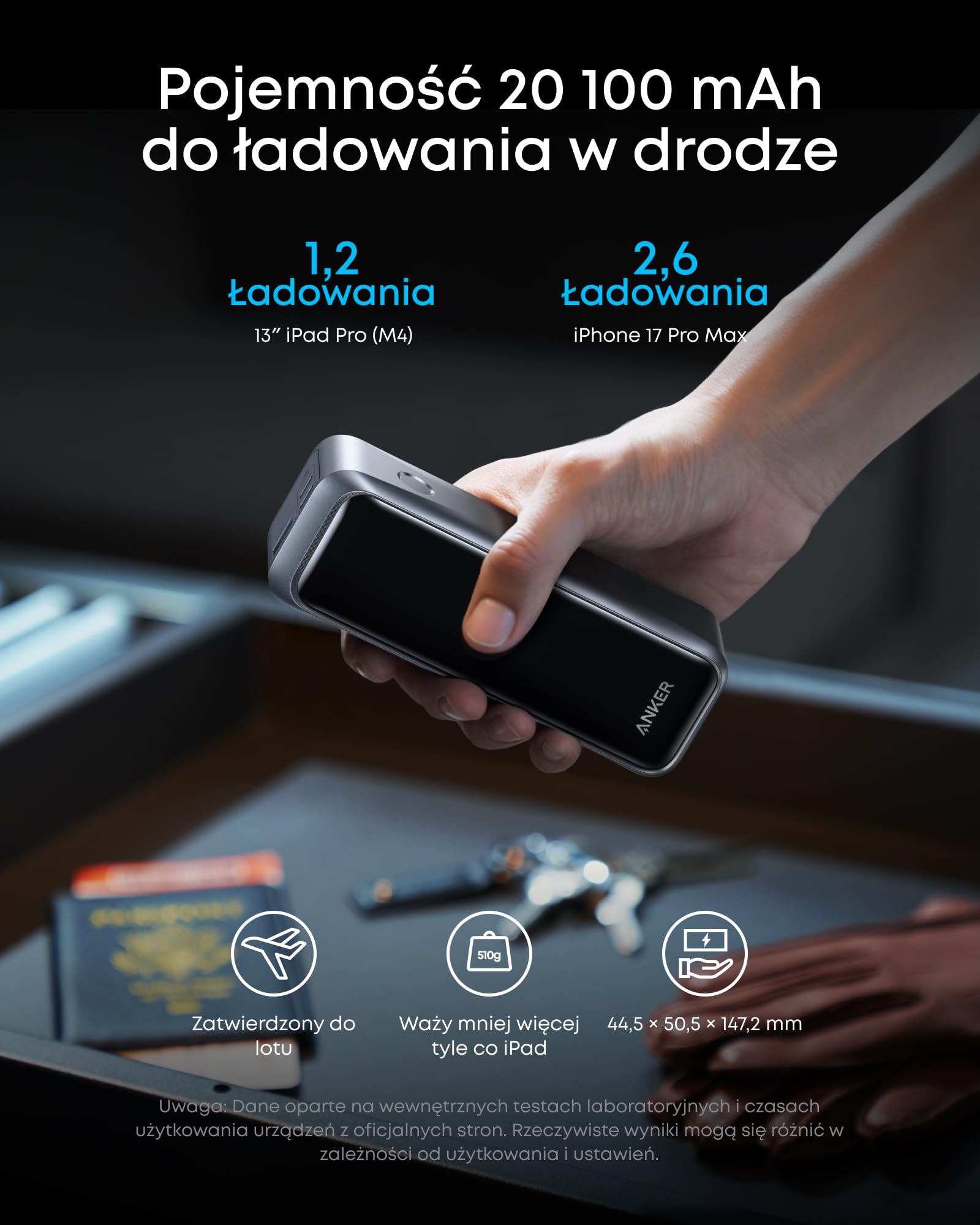 Anker Prime powerbank, 20100 mAh, 220 W, 3 porty, ładowanie dwukierunkowe | dopuszczony do transportu lotniczego, sterowanie przez aplikację, do MacBook, iPhone z serii 17/16/15. (bez bazy ładującej)