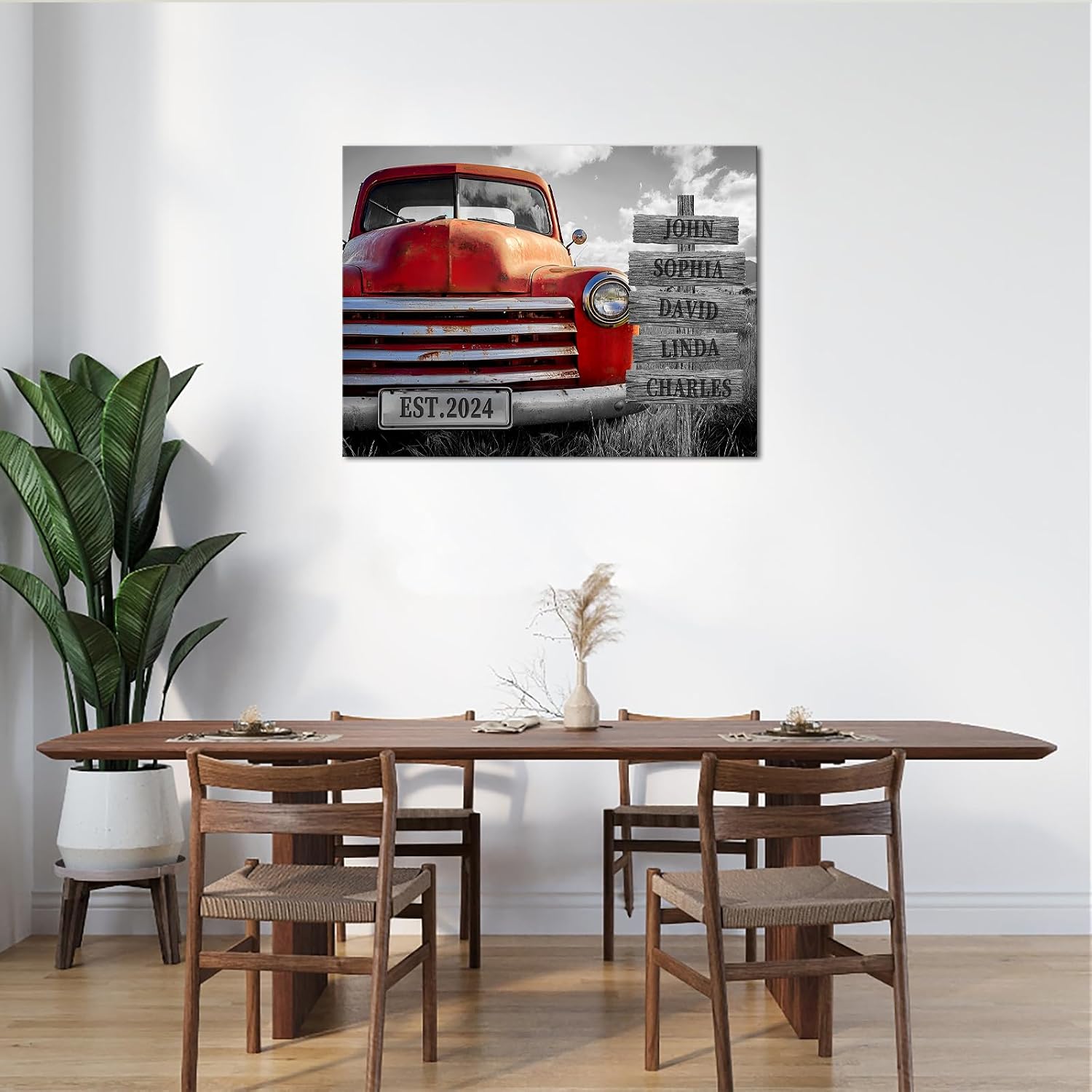 iLOOKLiKE Personalized Family Sign Wall Art Custom Street Sign with Name Date Canvas Prints Black and White Red Old Truck Prints Painting Gifts for Home Farmhouse Decor