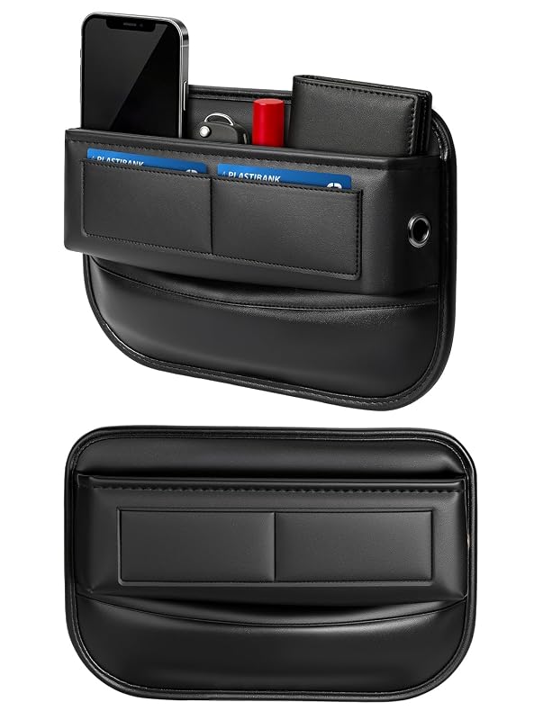 Organizador para vão entre banco e console automotivo em couro com porta-cartões Yewltvep, kit com 2 peças