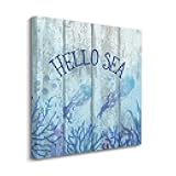 COCOKEN Oceans Purple Jellyfish Hello Sea Canvas Print Wall Art Paint, Beach Scene Ocean Theme Artworks for Living Room Bedroom Porch Home Wall Decor Hanging Poster Christian Gift 16x16 Inch