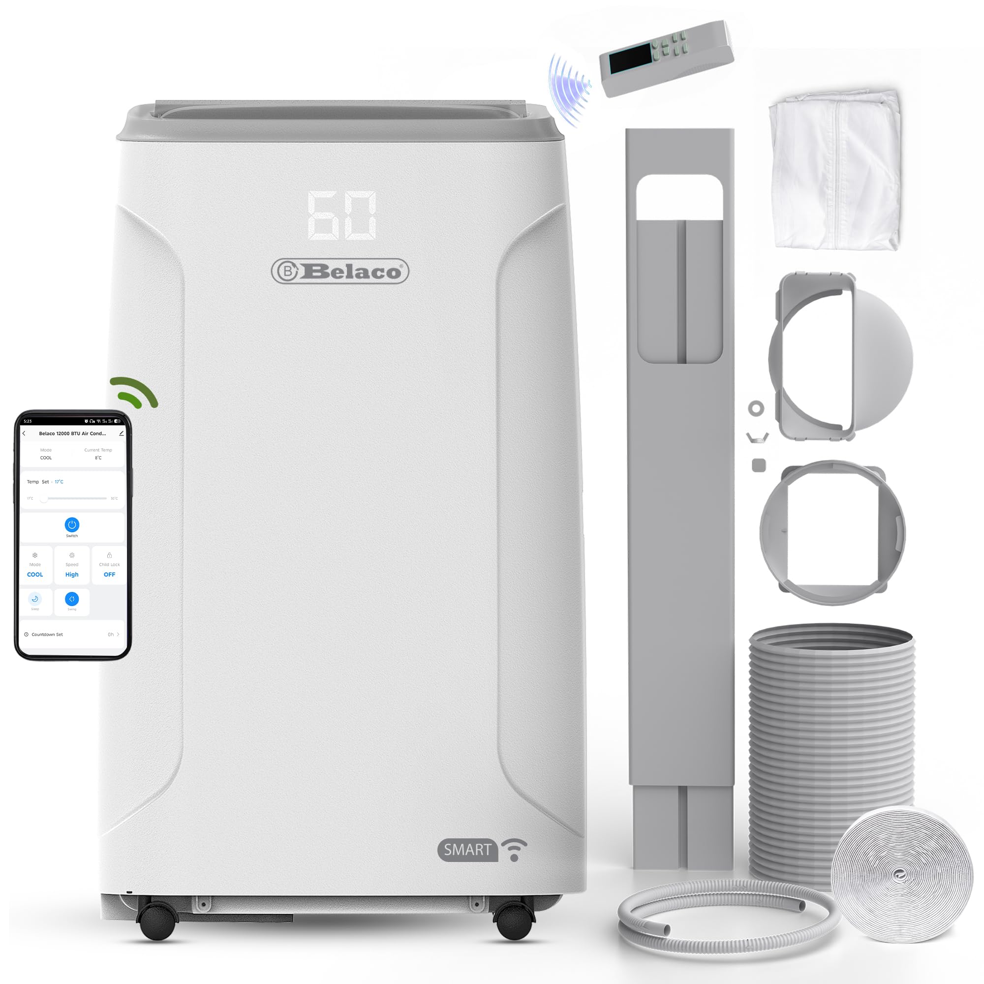 Belaco Air Conditioning Unit 12000 BTU with WiFi and Smart Functions, Portable Air Conditioner, 3-in-1 Dehumidifier Fan & Cooling Options, 24Hr Timer, Dual Window Kit