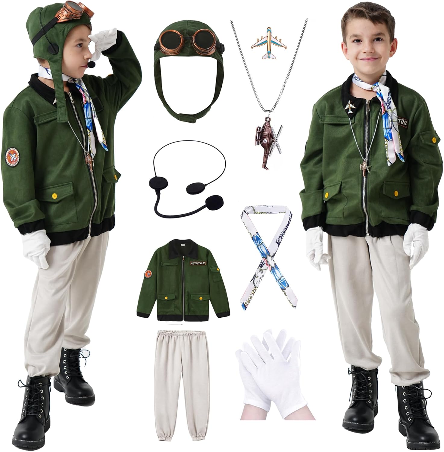 Akokvlar 9 Pcs Kids Pilot Aviator Costume Earhart Historical Costume for Girls Boys