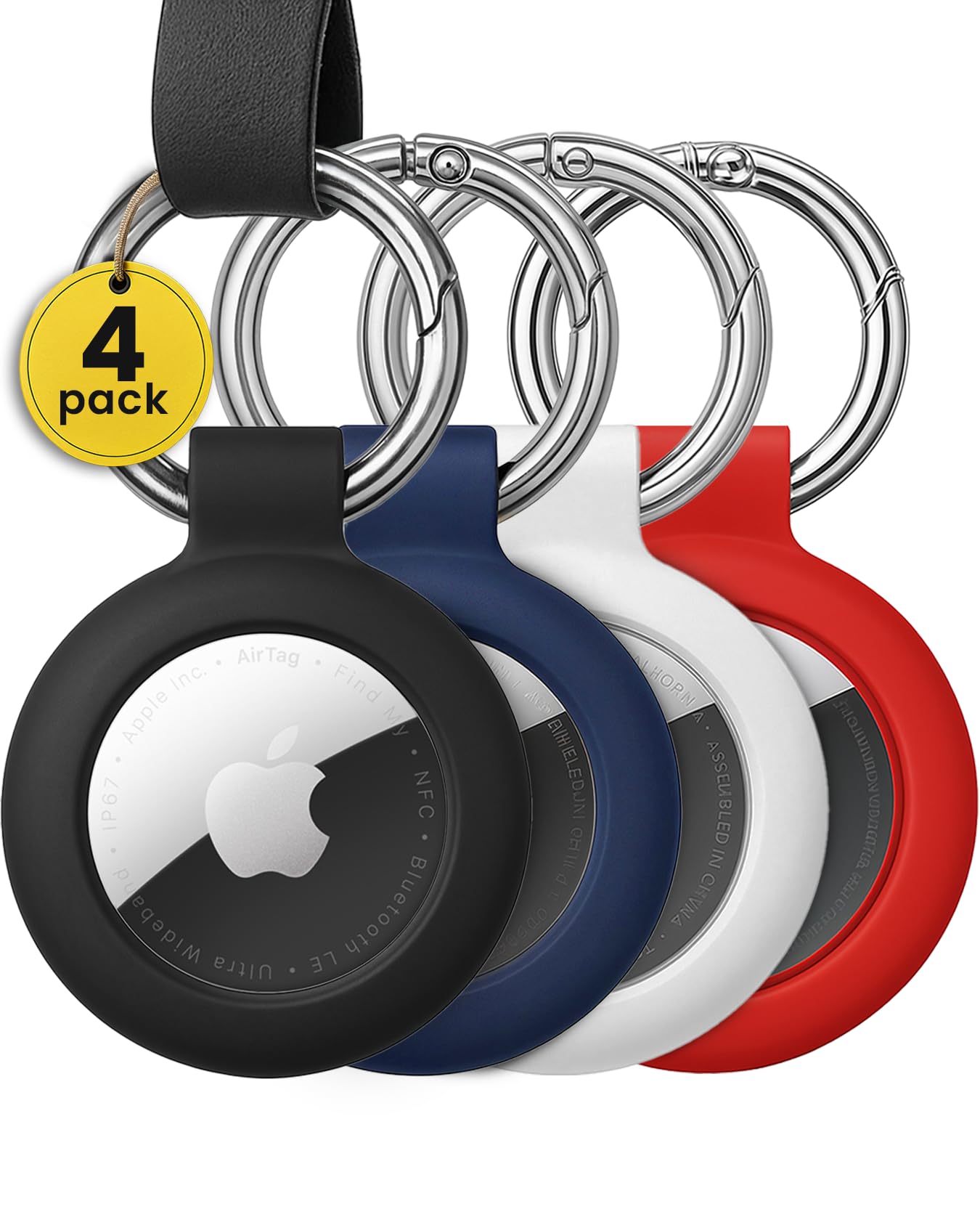 EVEO Airtag Keychain Holder – 4 Pack Airtag Holder Keychain, Secure Apple Airtag Case Keychain Air Tag Holders Cover | for Airtags 4 Pack, for Keys, Bags, Pets, Apple Airtag Not Included. Black, Blue, White, Red Keychain - 4 Pack