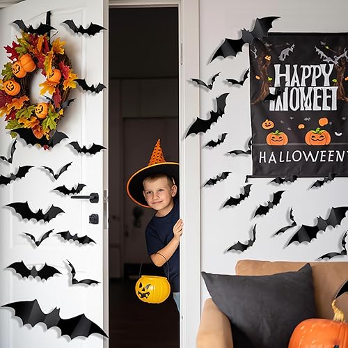 Miniatura 2 de 70 piezas de murciélagos de Halloween decoración 3D murciélagos para decoración de pared de Halloween, decoración de ventana interior, decoración de