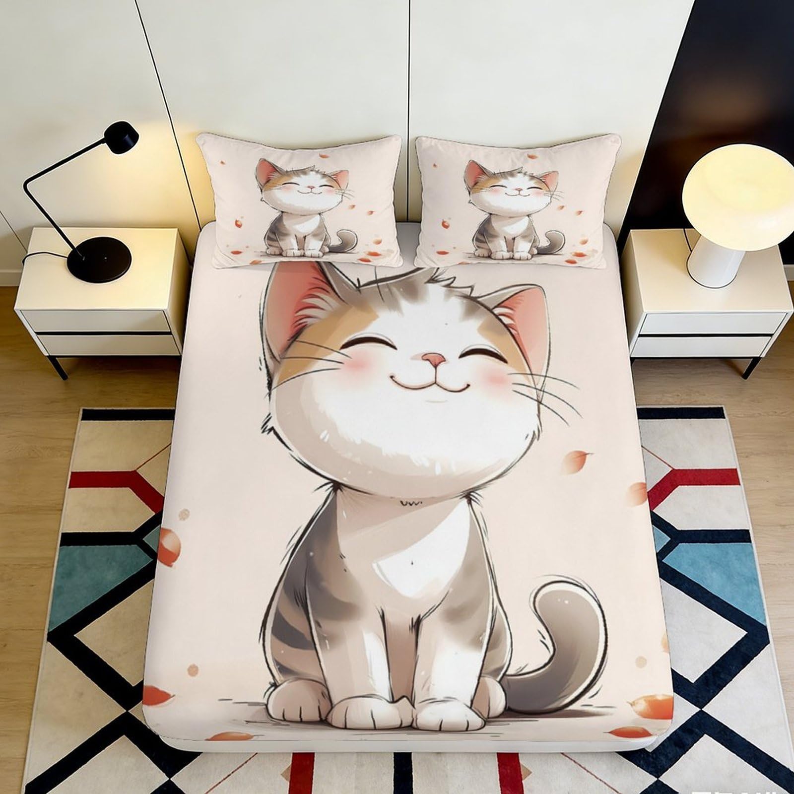 3D Printed Smiling Cat Fitted Sheet Microfiber Soft Cartoon Animal Bed Cover for Bedroom Guest Room Mattress Decor 90x200x25cm