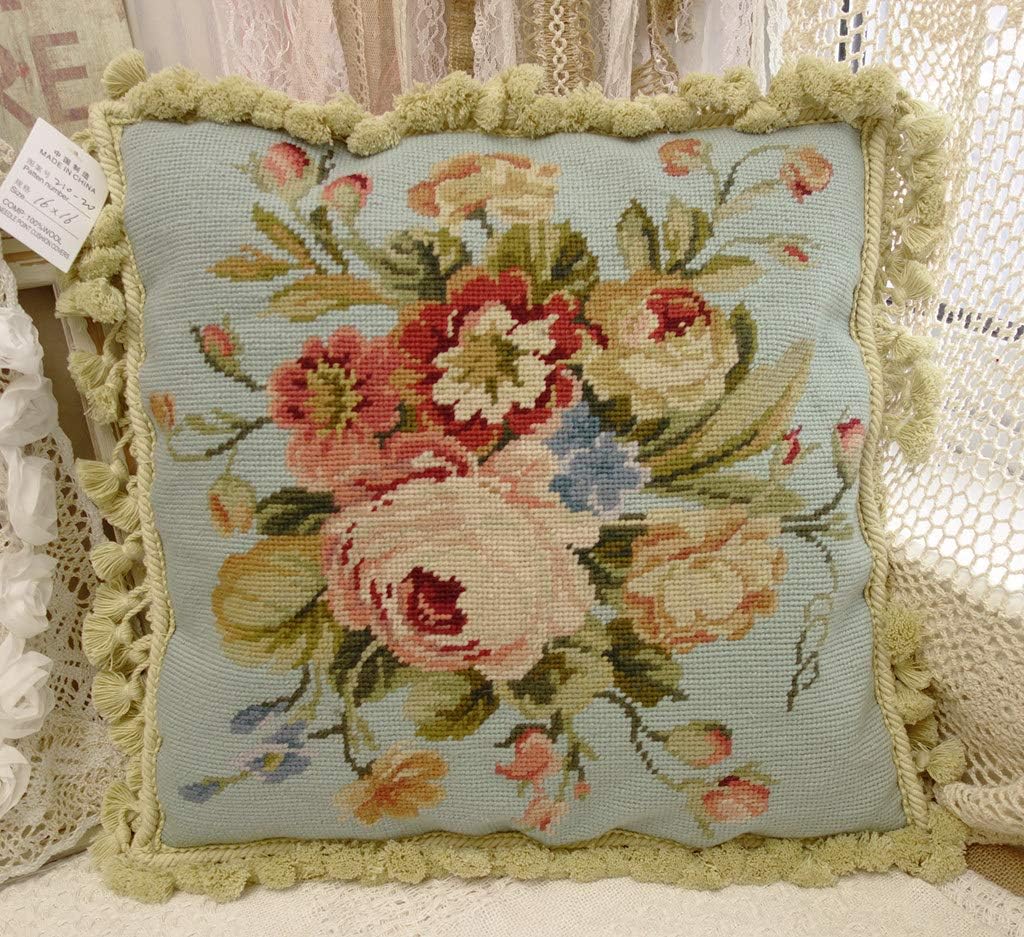 16" French Light Blue Full Floral Pink Rose Bouquet Beautiful Needlepoint Pillow