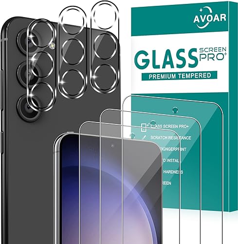 AVOAR Paquete de 3+3 protectores de pantalla de vidrio para Samsung Galaxy S23 con protector de lente de cámara, curvado 3D, vidrio templado 9H de