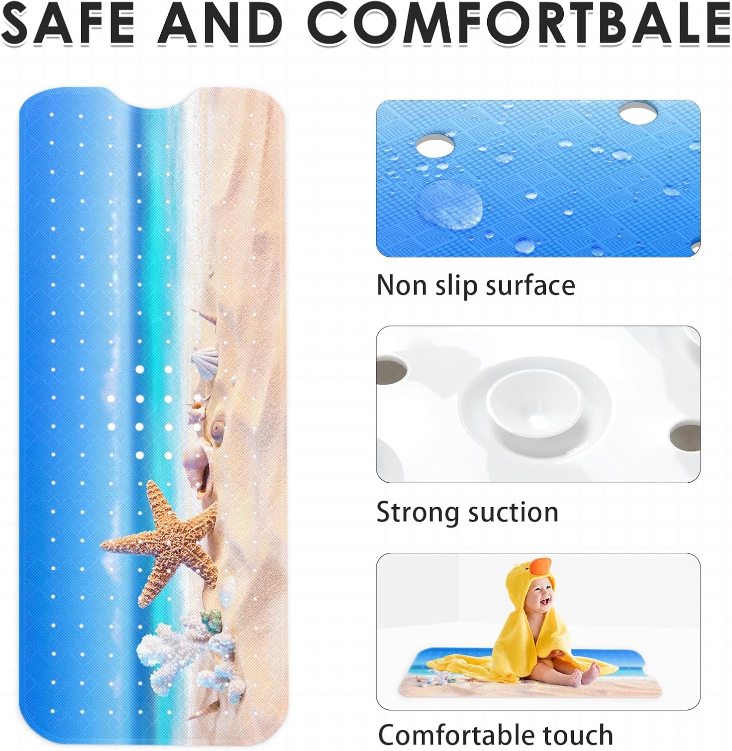 Bathtub Shower Mat 40X16 Inch, Non-Slip, for Toddler, Beach Golden image 3