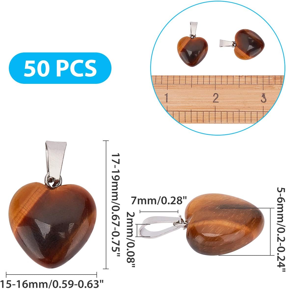 arricraft 50PCS Heart Shape Tiger Eye Gemstone Stone Charms Healing Stone Beads Pendants for Valentine's Day Necklace Jewelry Making